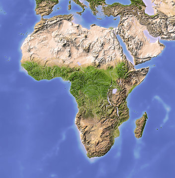 Africa, shaded relief map, colored for vegetation.