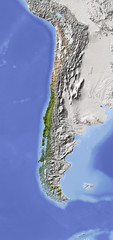 Chile, shaded relief map, colored for vegetation.