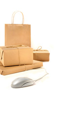 Parcel packages with computer mouse on white