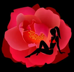 Tuinposter Silhouet van het mooie meisje tegen een roos © Forewer