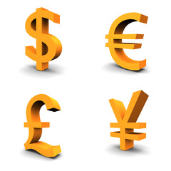 Dollar, Euro, Pound, Yen. Set of 4 currency 3d symbols.