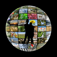 silhouette of young couple on media sphere background