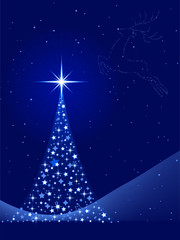 Fototapeta na wymiar Vertical blue background with Christmas tree and reindeer