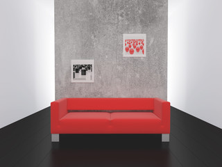 Red sofa on black to a floor
