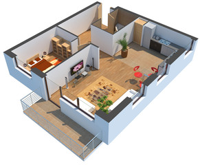 3D sectioned apartment with furniture with clipping path