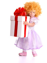 Girl in costume of doll with gift box.