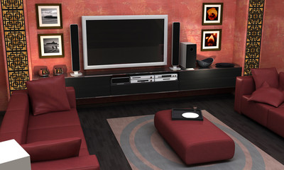 An interior Visualization of an Asian themed living room.
