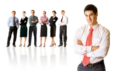 Isolated succesful bussiness team, focus on man