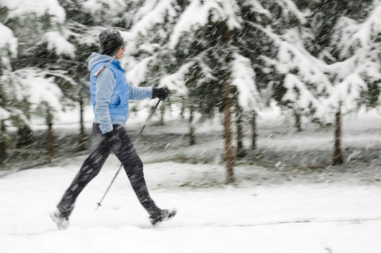 Nordic Walking At Winter Time