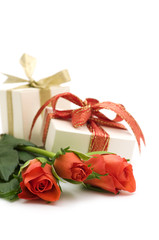 red roses and gift box on white background