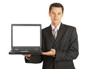 Businessman holding his laptop with white screeen