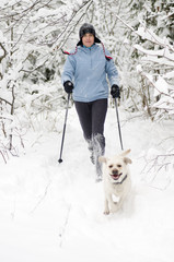 Nordic walking with dog at winter time