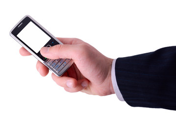 man holds mobile phone. the screen is cut with clipping path