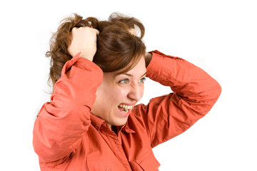 Young woman pulling her hair