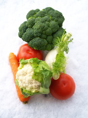 fruits et légumes sur fond neigeux