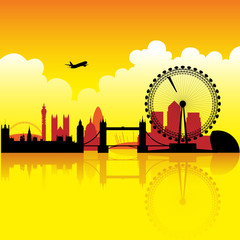 Obraz premium London skyline silhouette at dusk with reflection on thames