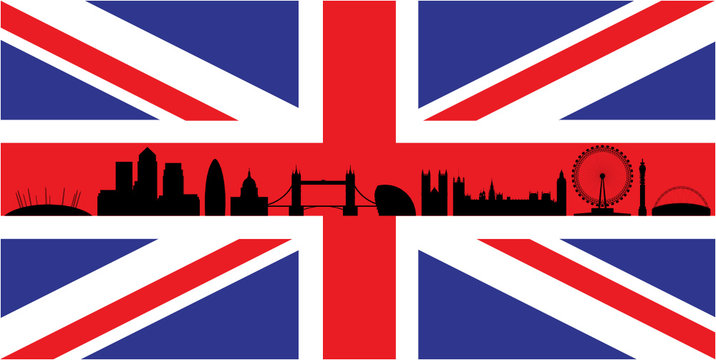 London skyline silhouette isolated on union jack flag