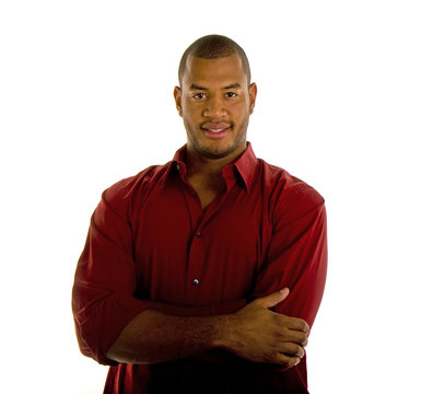 Black Man in Red Shirt Arms Crossed