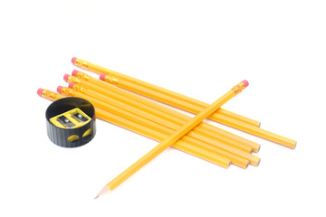 yellow pencils with ereaser isolated on white