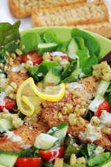 Green salad with chicken stripes