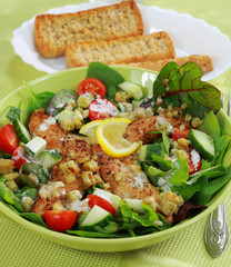 Green salad with chicken stripes