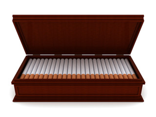 Fototapeta na wymiar Cigarettes in open wood box