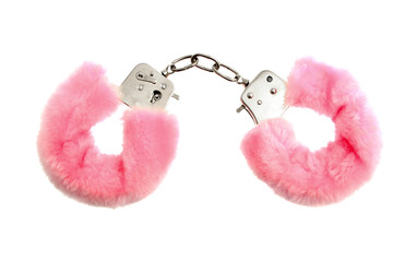 Pink soft handcuffs isolated on white - 10693996