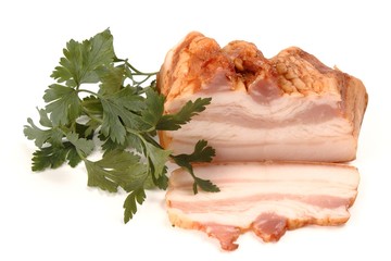 Fresh smoked tasty bacon isolated on white background.