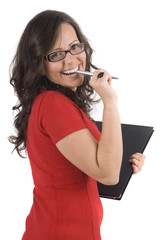 Naklejka premium young secretary or bussines woman isolated in white with pen