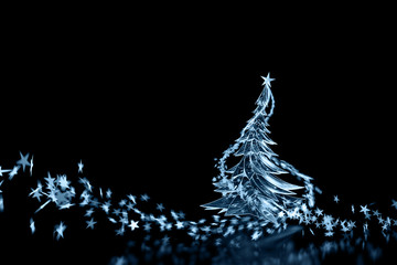 3D Neon Light Christmas Tree! Isolated on black. Monochrome.