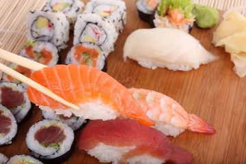 traditional japanese food, sushi and chopsticks close-up