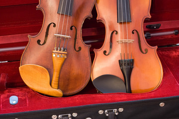 Two violins resting in case