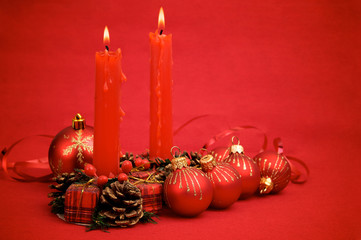 Red christmas balls and candles