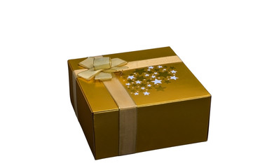 golden box with bow on white background