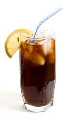 Glass of cold drink with slice of lemon