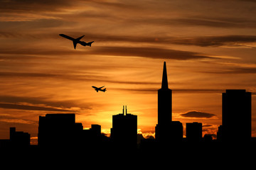 San Francisco skyline with planes