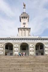 Fototapeta premium Ancient building of the river station is in the city Moscow