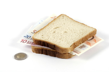 Banknote on a slice of bread