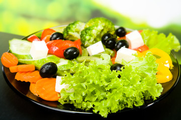 Closeup photo of plate with vegetarian salad, outdoors
