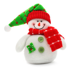 smiling snowman toy dressed in scarf and cap