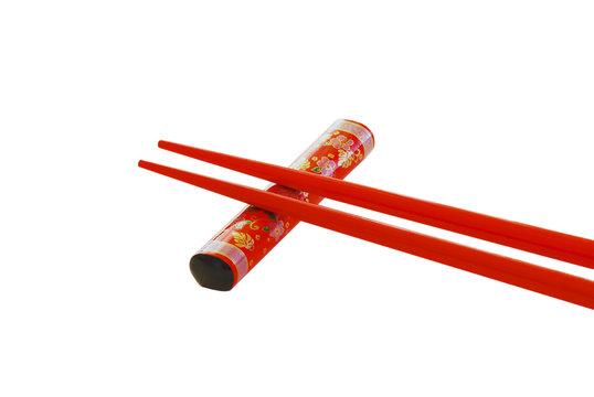 Isolated Red Chop Sticks On A White Background