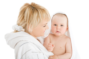 Happy mother with baby after bath