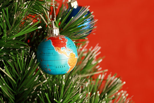 Globe As Ornament On Christmas Tree, Christmas Concept