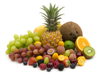 exotic fruits and berries on white background
