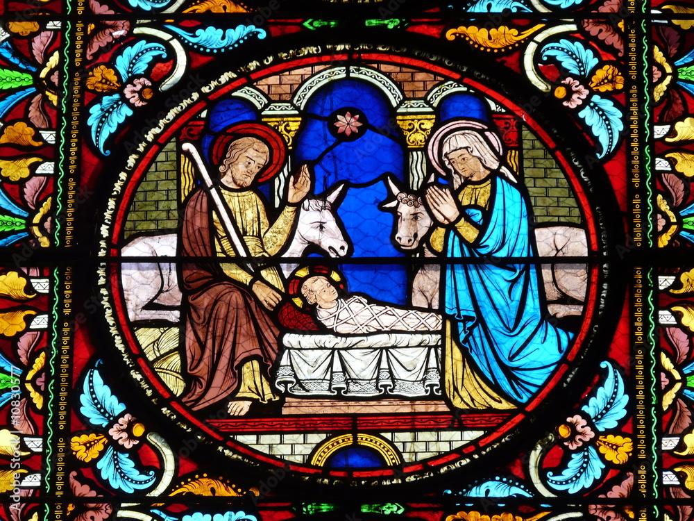 Wall mural Stained glass window with a Nativity Scene