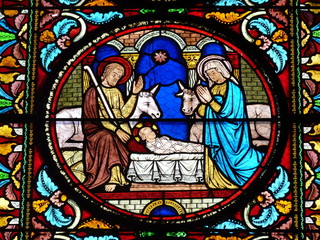 Stained glass window with a Nativity Scene