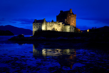 Eilean Donan Castle, Loch Duich, Scotland against blue sky