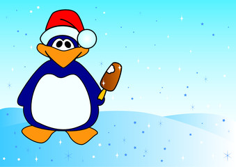 Christmas penguin with ice-cream on a blue background