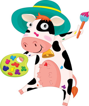 Illustration of a comical cow painting with palette