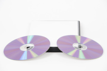 Two purple DVD leaning on case